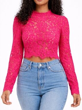 HYFVE Hot Pink Lace Cropped Long Sleeve Top